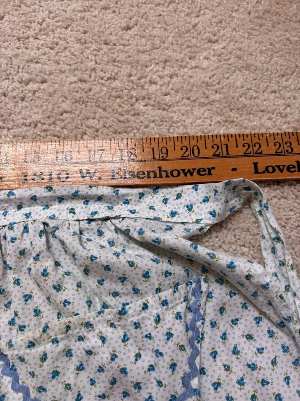 Vintage half apron white blue floral pattern and Rick Rack